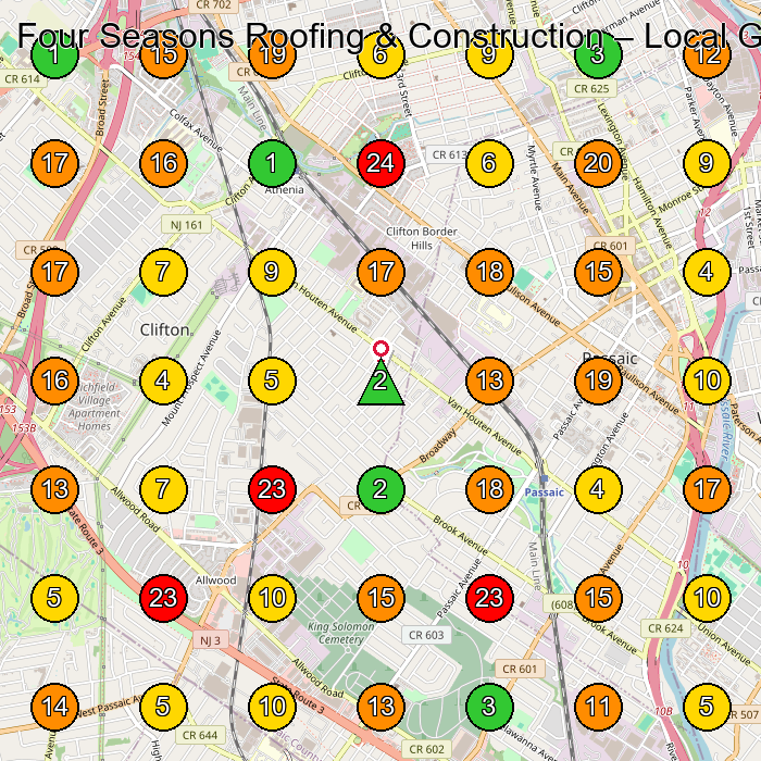 Four Seasons Roofing & Construction Roofing Contractor GeoGrid ranking map for Clifton NJ